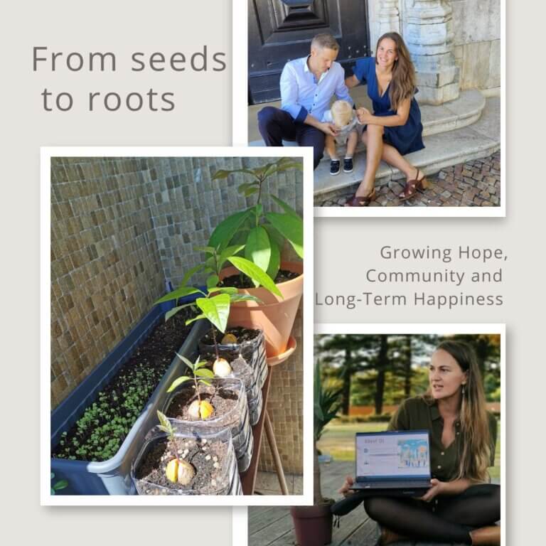 A visual journey of cultivating hope and community: Avocado seeds growing into trees, our small family as the seed for a larger community, and a moment of sharing our movement’s vision—symbolizing resilience, connection, and long-term happiness.