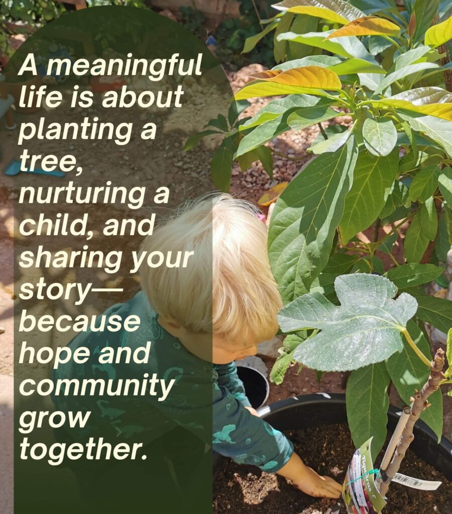 Planting hope in action: Our son’s hands in the earth as he plants a tree beside a now-thriving avocado tree in our garden—a symbol of nurturing growth, resilience, and the lasting impact of community and care.